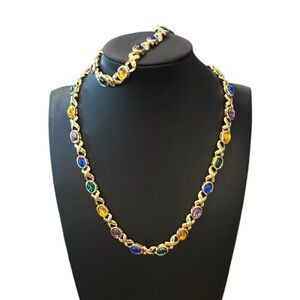 Gold Tone Chain Multi-Colored Rhinestones And X’s Necklace‎ Bracelet Set Classic